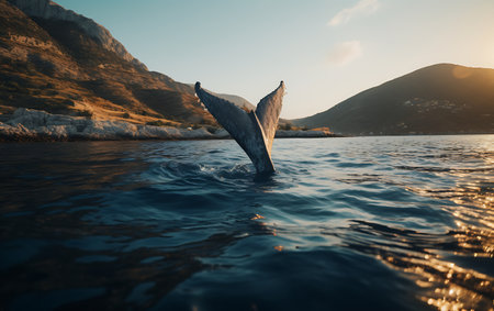 Humpback whale tail in the sea at sunset. Beautiful nature landscapeの素材