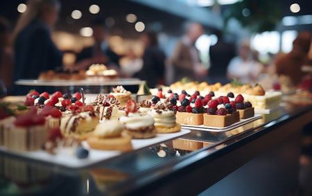 Catering, sweets and confectionery concept - close up of delicious cakes in buffetの素材