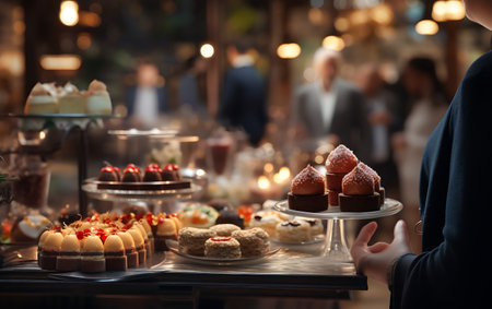 Female hand holding tray with delicious cakes on table in cafe, closeupの素材