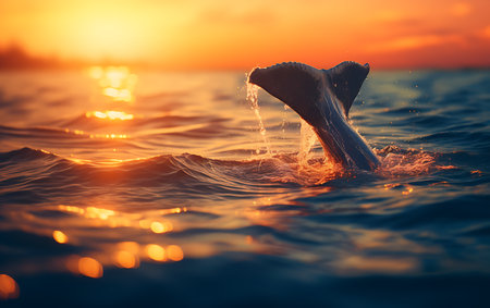 Bryde's whale tail jumping out of the water at sunsetの素材