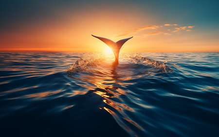 Whale tail in the sea at sunset. 3D Renderingの素材