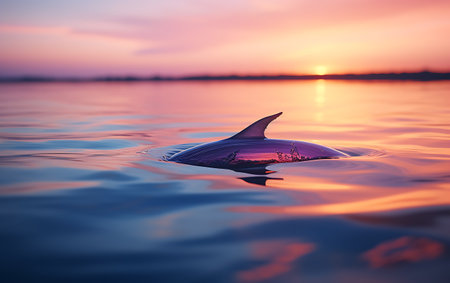 Beautiful sunset in the sea with a dolphin in the water.の素材