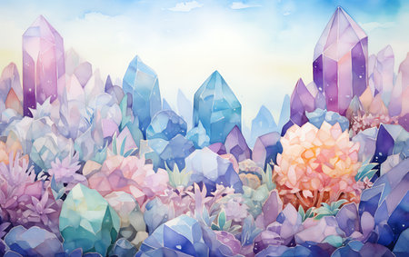 Illustration of a crystal background with flowers and plants. Watercolorの素材