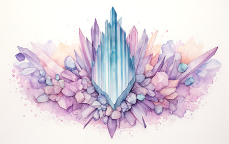 Watercolor illustration of a blue crystal with pink and purple petalsの素材