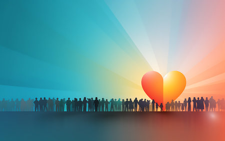 People silhouettes and big hearts. Love concept. Vector illustration.の素材