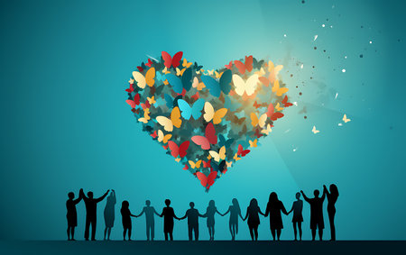 Group of people silhouettes and heart shape made of colorful butterflies.の素材