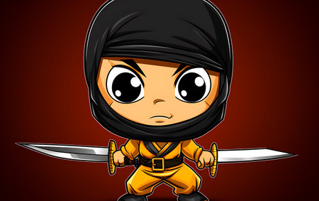Cartoon ninja boy with a sword. Vector clip art illustration.の素材