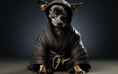 Portrait of a dog wearing a hoodie on a dark backgroundの素材