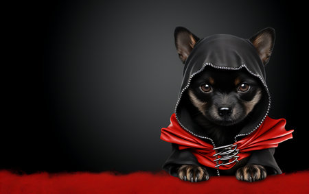 Funny dog in hood on black background, 3d render.の素材