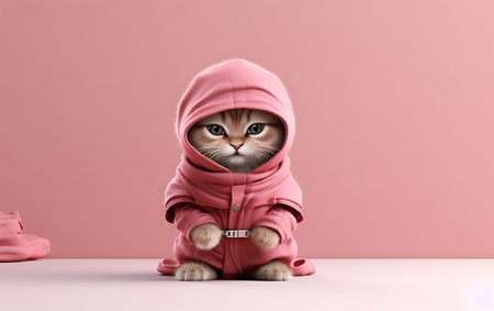 Cute little cat in pink hoodie on pink background with space for textの素材
