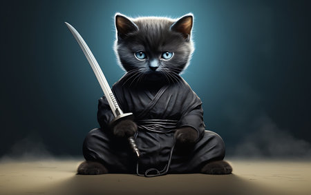 Funny kitty with sword sitting on floor and looking at cameraの素材