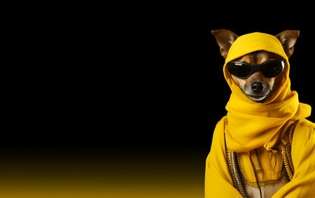 cool dog wearing a yellow hoodie and sunglasses on a black backgroundの素材