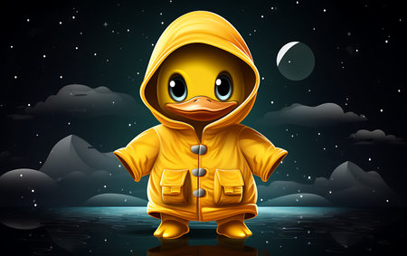 Illustration of a yellow raincoat with a duck on a dark backgroundの素材