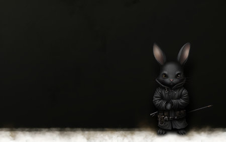 Black rabbit in a leather jacket on a black background with space for textの素材