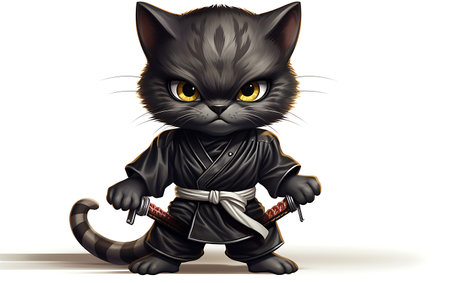 Illustration of a black cat in kimono with a swordの素材
