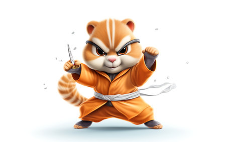 Cute cartoon cat in orange jumpsuit with a knife in his hand.の素材