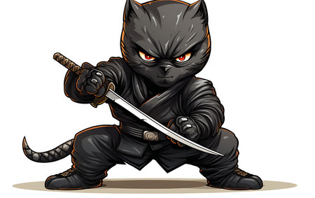 illustration of a black cat ninja with a sword on a white backgroundの素材