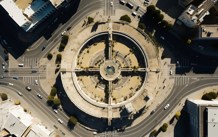 Aerial city view with crossroads and roads, houses, buildings, parks and parking lots. Sunny summer panoramic imageの素材