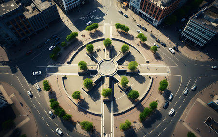 top view of a roundabout in the middle of a busy city. aerial view centered symmetrical.の素材