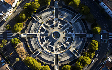 top view of a roundabout in the middle of a busy city. aerial view centered symmetrical.の素材