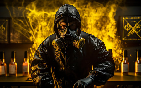 A man in a gas mask on the background of a fire.の素材