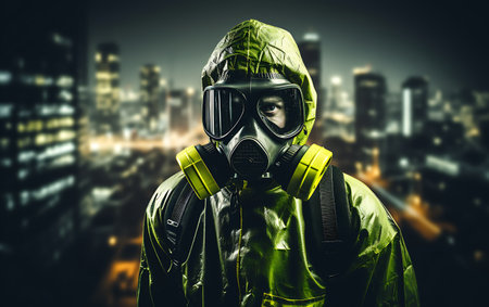 Man in gas mask and respirator on city background. mixed-mediaの素材