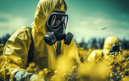 man in a gas mask against radiation on a factory on radioactive chemicalの素材
