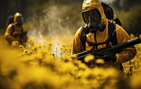 Man in radioactive gas mask factory on blurred background.の素材
