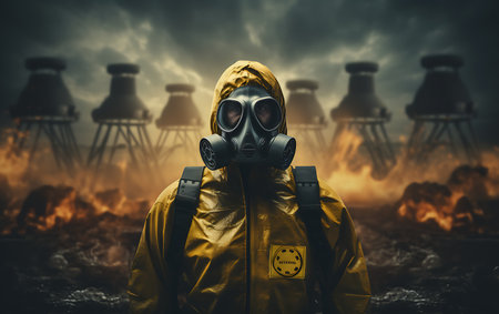 Man in radioactive gas mask factory on blurred background.の素材