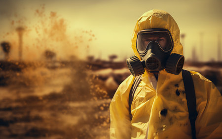 man in a gas mask against radiation on a factory on radioactive chemicalの素材