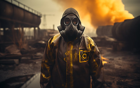 Workers in hazmat suits and gas mask at factory in Milan.の素材