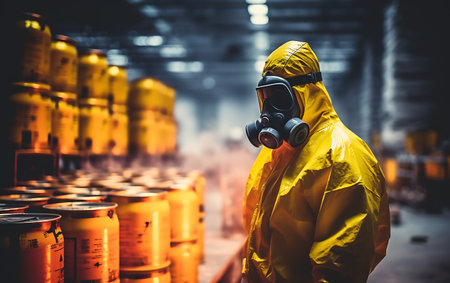 man in a gas mask against radiation on a factory on radioactive chemicalの素材