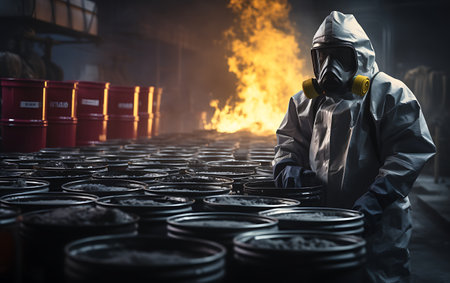 man in a gas mask against radiation on a factory on radioactive chemicalの素材