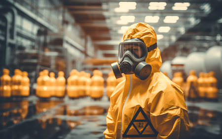 man in a gas mask against radiation on a factory on radioactive chemicalの素材