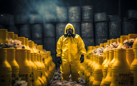 man in a gas mask against radiation on a factory on radioactive chemicalの素材