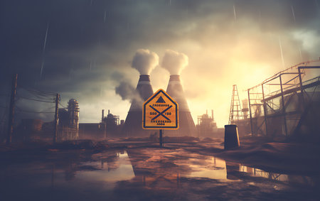 Yellow barrels of radioactive waste on the background of cargo cranes.の素材