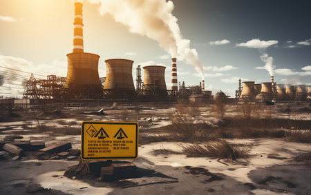 Yellow barrels of radioactive waste on the background of cargo cranes.の素材