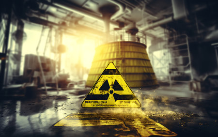 Yellow barrels of radioactive waste on the background of cargo cranes.の素材