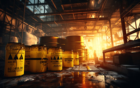 Yellow barrels of radioactive waste on the background of cargo cranes.の素材