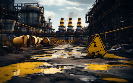 Yellow barrels of radioactive waste on the background of cargo cranes.の素材
