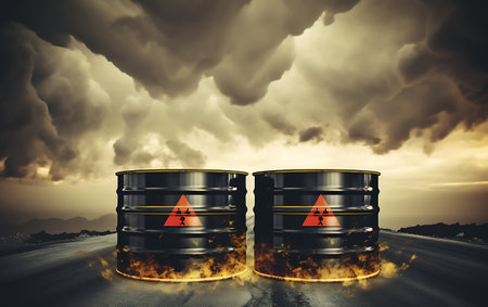 Yellow barrels of radioactive waste on the background of cargo cranes.の素材