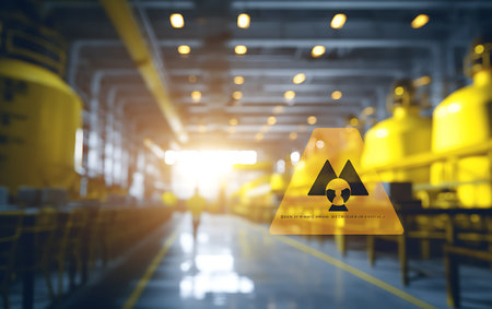 Yellow barrels of radioactive waste on the background of cargo cranes.の素材