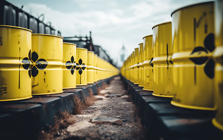 Industrial scene with barrels of radioactive waste, environmental pollution concept.の素材