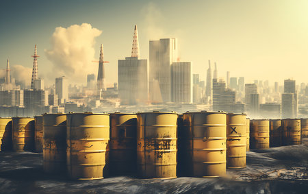 Yellow barrels of radioactive waste on the background of cargo cranes.の素材