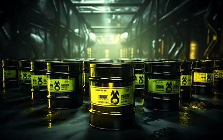 Yellow barrels of radioactive waste on the background of cargo cranes.の素材