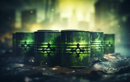 Yellow barrels of radioactive waste on the background of cargo cranes.の素材