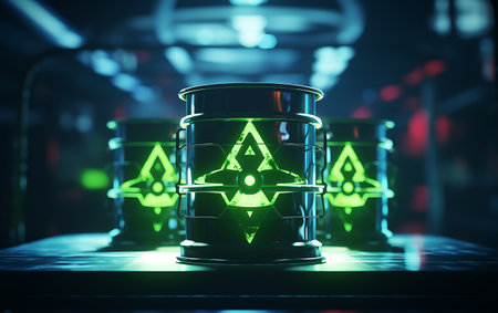 3d rendering oil drum with green biohazard symbol on black backgroundの素材