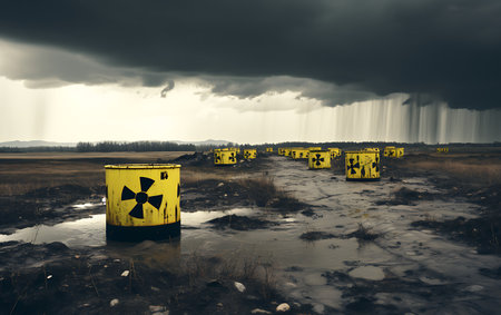 Yellow barrels of radioactive waste on the background of cargo cranes.の素材