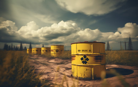 Oil barrels in the field. Conceptual image of environmental pollution.の素材
