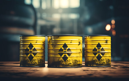 Industrial scene with barrels of radioactive waste, environmental pollution concept.の素材